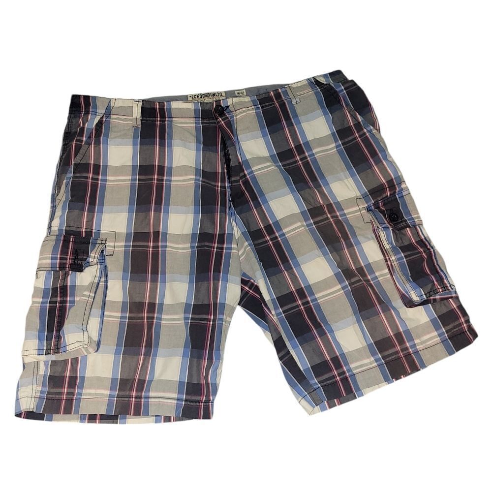Ecko Unltd Plaid Cargo Shorts - Blue, Black, White